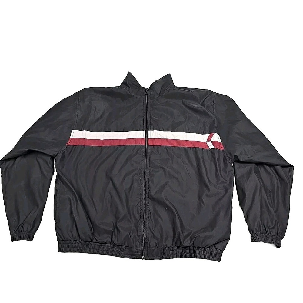 Windbreaker Jacket 1990s Mens XL Black Full Zip Vintage 90s Lined Stripe On Line